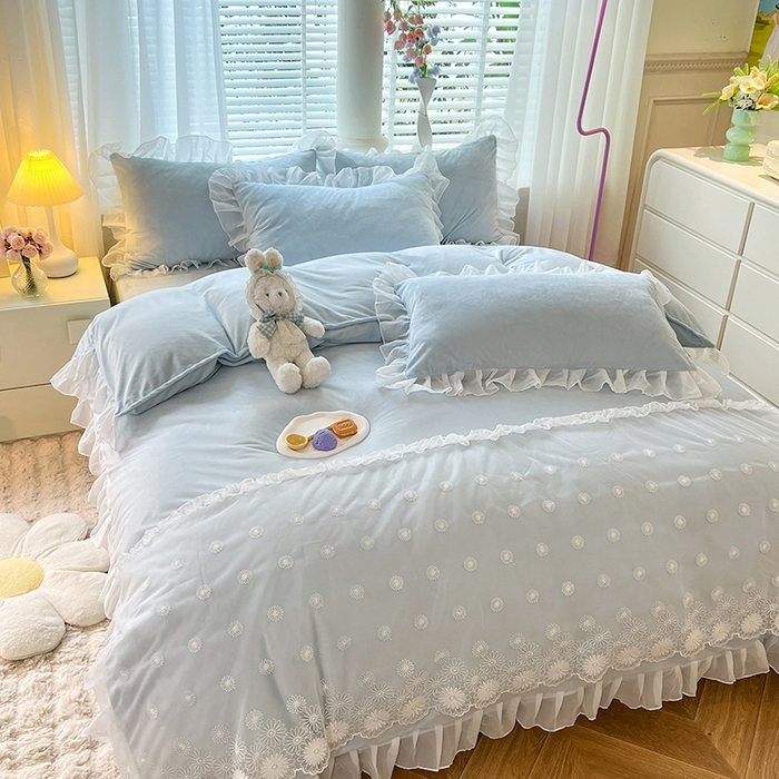 91家纺网 家纺一手货源 找家纺 唐人居 2025新款法式蕾丝花边宝宝绒四件套--安妮系列 安妮-浅蓝