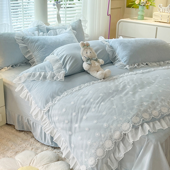 91家纺网 家纺一手货源 找家纺 唐人居 2025新款法式蕾丝花边宝宝绒四件套--安妮系列 安妮-浅蓝