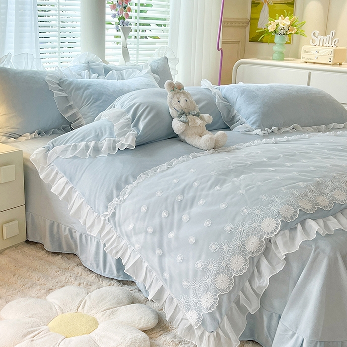 91家纺网 家纺一手货源 找家纺 唐人居 2025新款法式蕾丝花边宝宝绒四件套--安妮系列 安妮-浅蓝