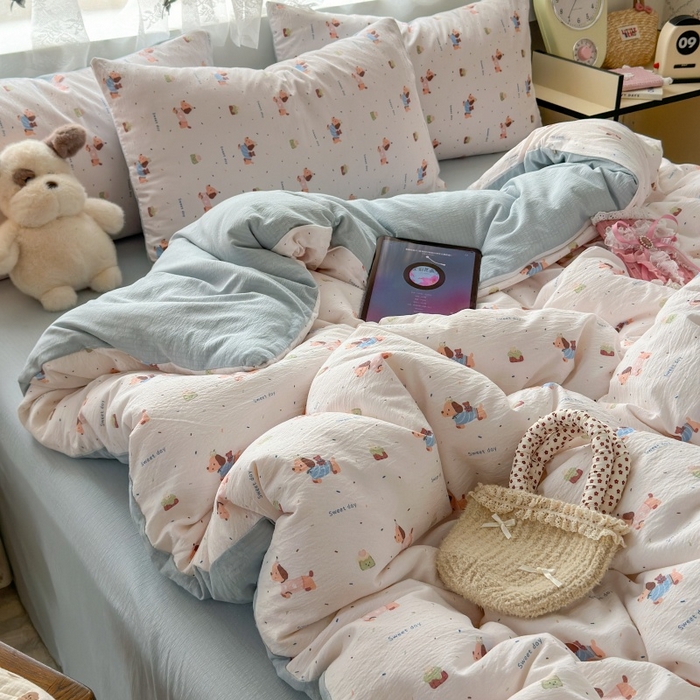 91家纺网 家纺一手货源 找家纺 丽美人家纺 2025新款【全尺寸不断货】高克重木棉提花双层纱四件套 QB洛洛小狗