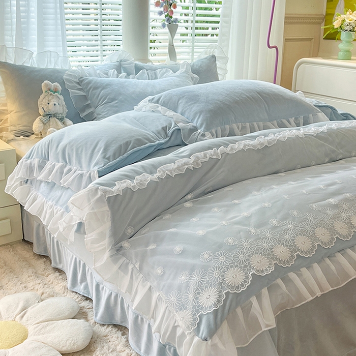 91家纺网 家纺一手货源 找家纺 唐人居 2025新款法式蕾丝花边宝宝绒四件套--安妮系列 安妮-浅蓝