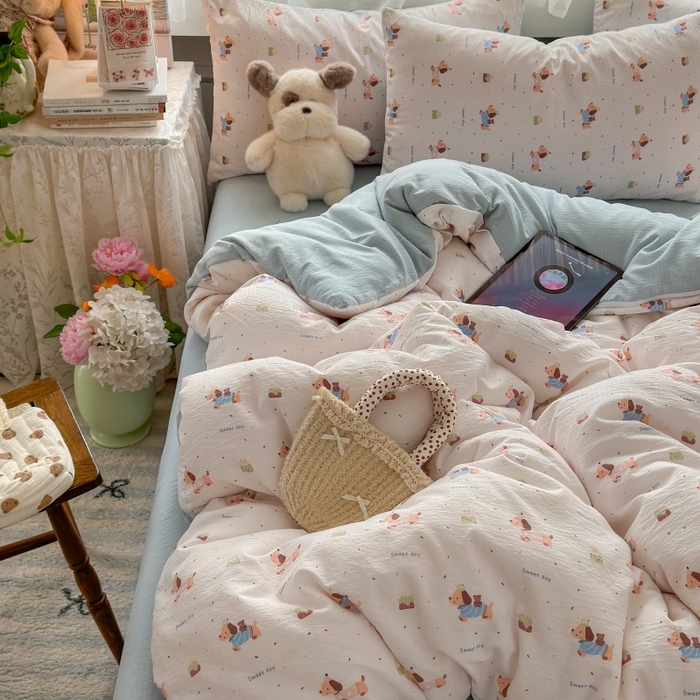 91家纺网 家纺一手货源 找家纺 丽美人家纺 2025新款【全尺寸不断货】高克重木棉提花双层纱四件套 QB洛洛小狗