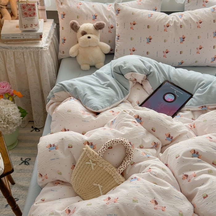 91家纺网 家纺一手货源 找家纺 丽美人家纺 2025新款【全尺寸不断货】高克重木棉提花双层纱四件套 QB洛洛小狗