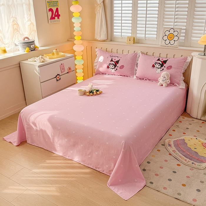 91家纺网 家纺一手货源 找家纺 2025新款大版三丽鸥系列 纯棉床单全棉床裙学生三四件套 花边款 花边款-美味库洛米