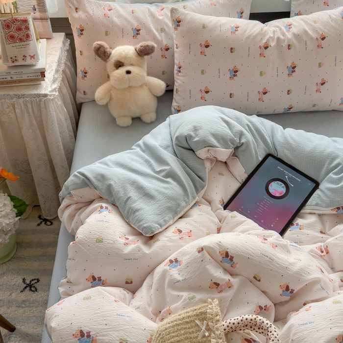 91家纺网 家纺一手货源 找家纺 丽美人家纺 2025新款【全尺寸不断货】高克重木棉提花双层纱四件套 QB洛洛小狗