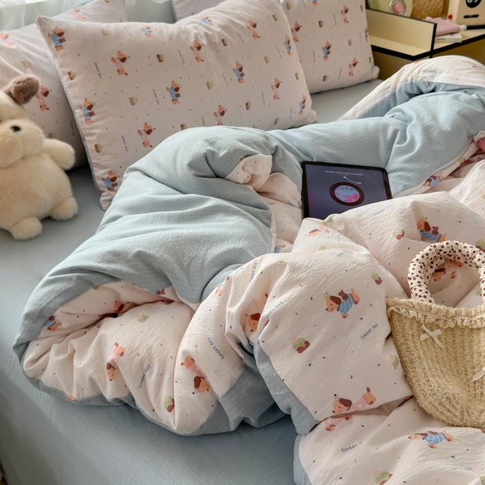 91家纺网 家纺一手货源 找家纺 丽美人家纺 2025新款【全尺寸不断货】高克重木棉提花双层纱四件套 QB洛洛小狗