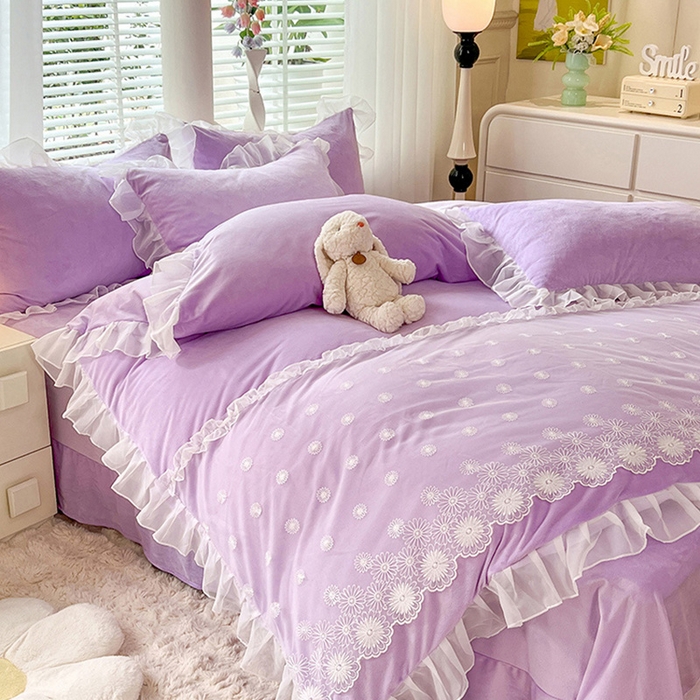 91家纺网 家纺一手货源 找家纺 唐人居 2025新款法式蕾丝花边宝宝绒四件套--安妮系列 安妮-浅紫