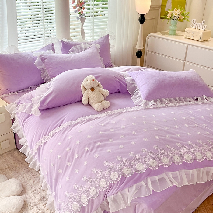 91家纺网 家纺一手货源 找家纺 唐人居 2025新款法式蕾丝花边宝宝绒四件套--安妮系列 安妮-浅紫