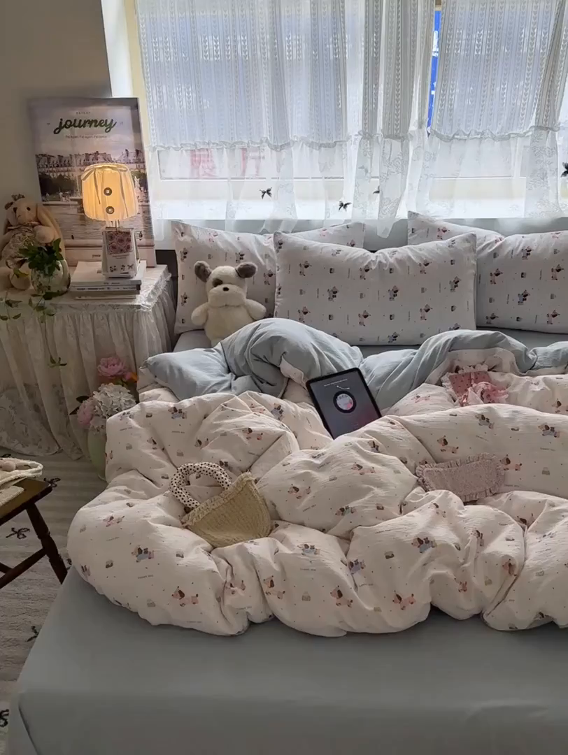 91家纺网 家纺一手货源 找家纺 丽美人家纺 2025新款【全尺寸不断货】高克重木棉提花双层纱四件套 QB洛洛小狗