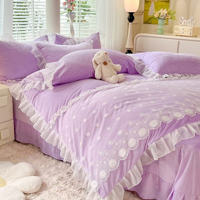 91家纺网 家纺一手货源 找家纺 唐人居 2025新款法式蕾丝花边宝宝绒四件套--安妮系列 安妮-浅紫