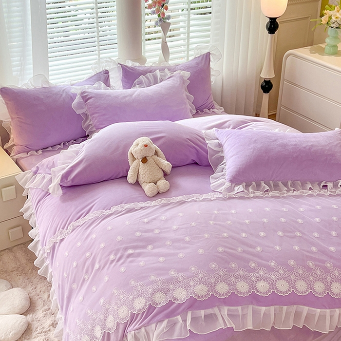 91家纺网 家纺一手货源 找家纺 唐人居 2025新款法式蕾丝花边宝宝绒四件套--安妮系列 安妮-浅紫