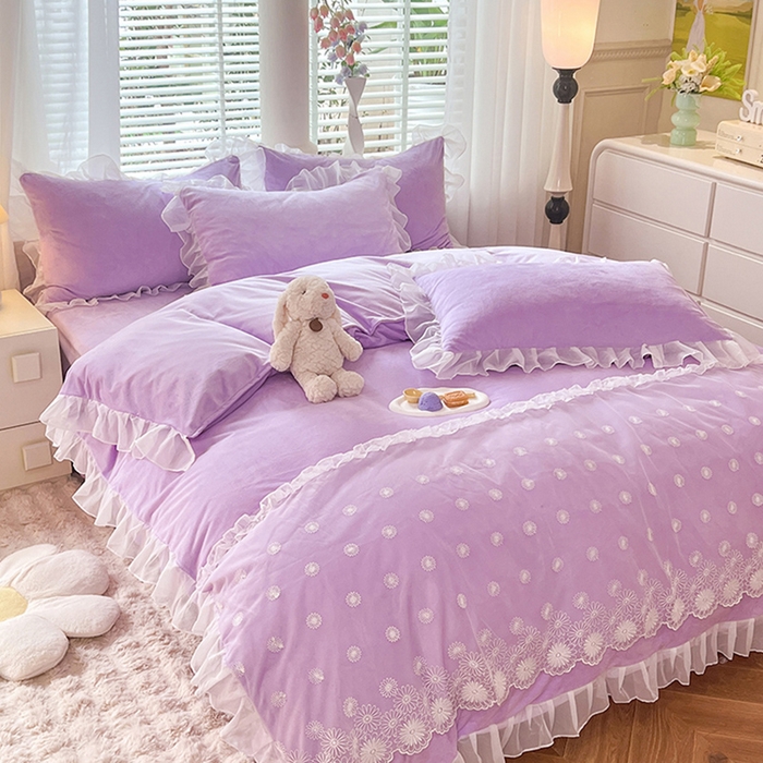 91家纺网 家纺一手货源 找家纺 唐人居 2025新款法式蕾丝花边宝宝绒四件套--安妮系列 安妮-浅紫