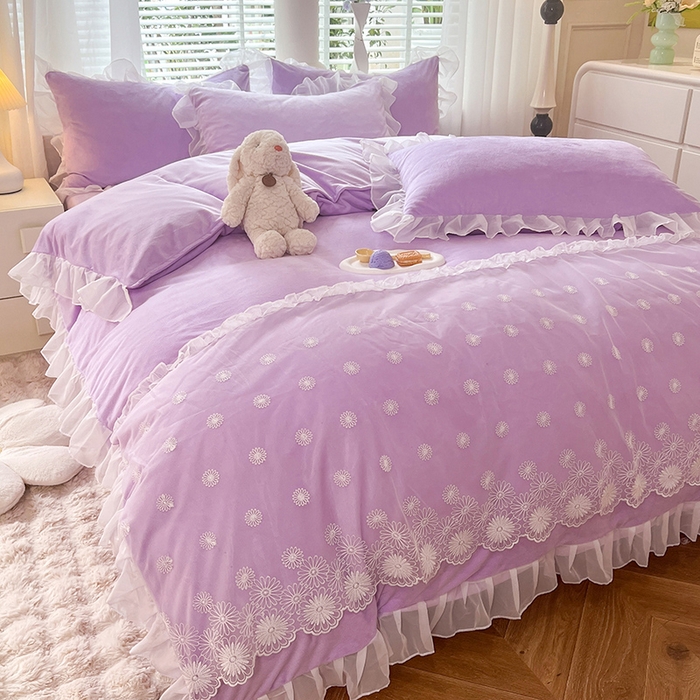 91家纺网 家纺一手货源 找家纺 唐人居 2025新款法式蕾丝花边宝宝绒四件套--安妮系列 安妮-浅紫