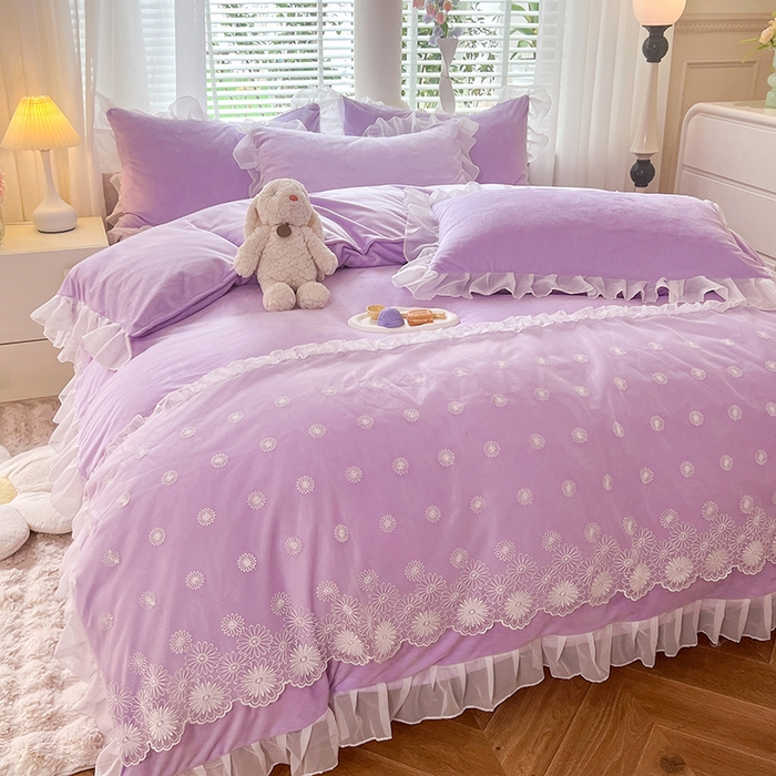 91家纺网 家纺一手货源 找家纺 唐人居 2025新款法式蕾丝花边宝宝绒四件套--安妮系列 安妮-浅紫