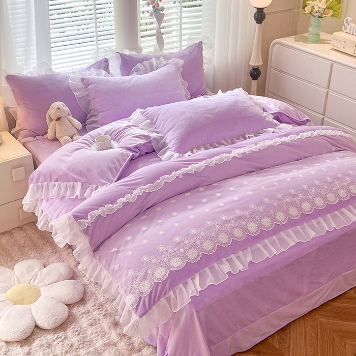 91家纺网 家纺一手货源 找家纺 唐人居 2025新款法式蕾丝花边宝宝绒四件套--安妮系列 安妮-浅紫