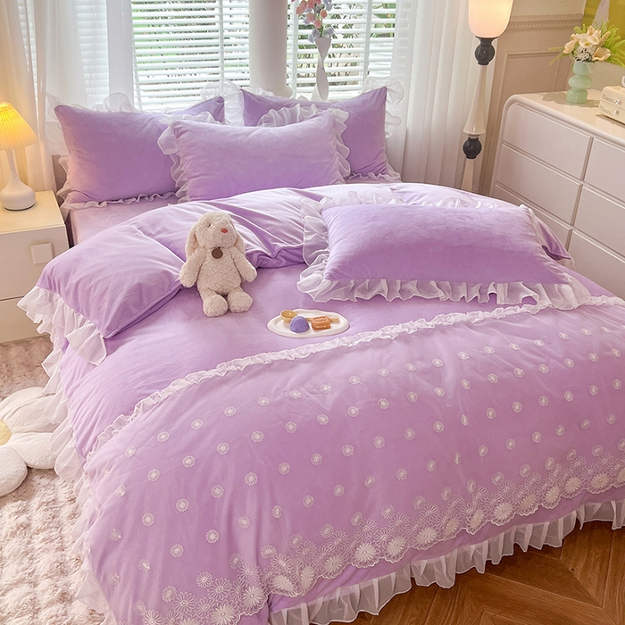 91家纺网 家纺一手货源 找家纺 唐人居 2025新款法式蕾丝花边宝宝绒四件套--安妮系列 安妮-浅紫