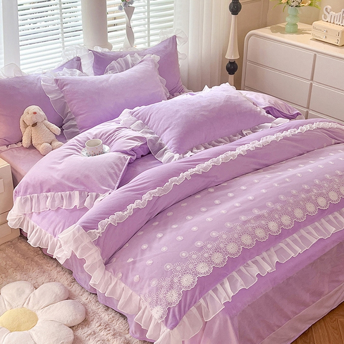 91家纺网 家纺一手货源 找家纺 唐人居 2025新款法式蕾丝花边宝宝绒四件套--安妮系列 安妮-浅紫