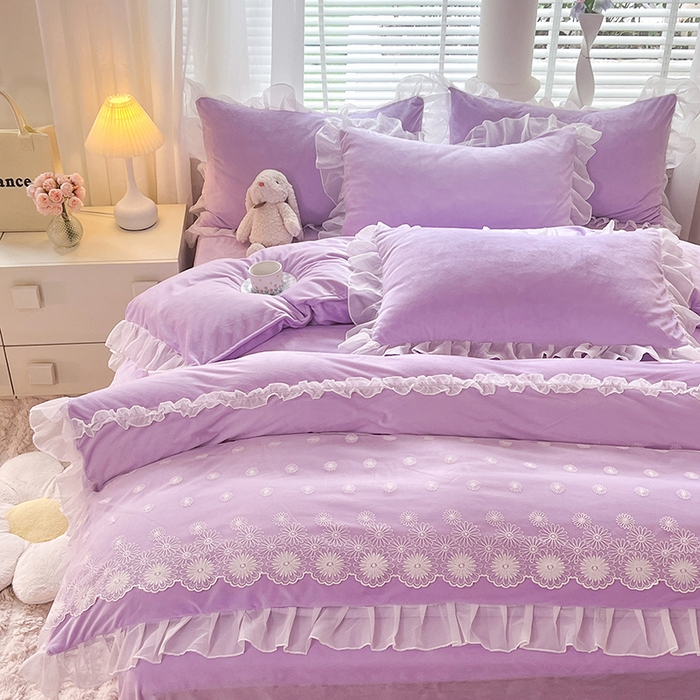 91家纺网 家纺一手货源 找家纺 唐人居 2025新款法式蕾丝花边宝宝绒四件套--安妮系列 安妮-浅紫