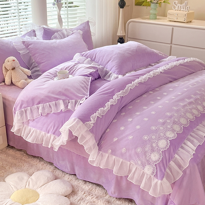 91家纺网 家纺一手货源 找家纺 唐人居 2025新款法式蕾丝花边宝宝绒四件套--安妮系列 安妮-浅紫