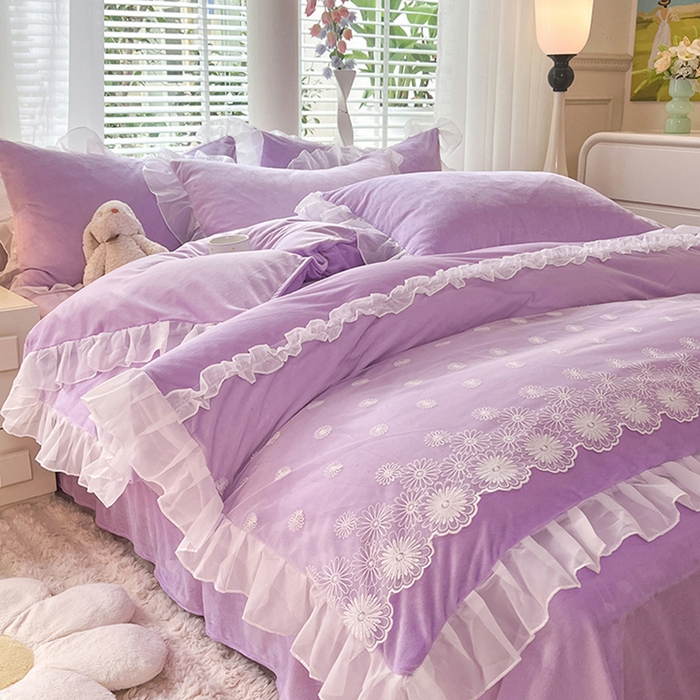 91家纺网 家纺一手货源 找家纺 唐人居 2025新款法式蕾丝花边宝宝绒四件套--安妮系列 安妮-浅紫