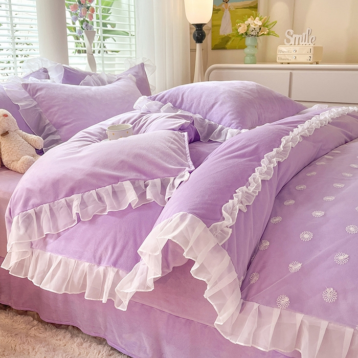 91家纺网 家纺一手货源 找家纺 唐人居 2025新款法式蕾丝花边宝宝绒四件套--安妮系列 安妮-浅紫