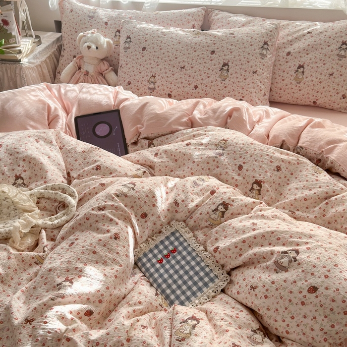 91家纺网 家纺一手货源 找家纺 丽美人家纺 2025新款【全尺寸不断货】高克重木棉提花双层纱四件套 QB玛丽