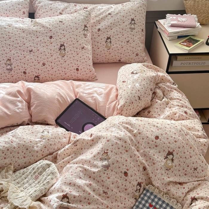 91家纺网 家纺一手货源 找家纺 丽美人家纺 2025新款【全尺寸不断货】高克重木棉提花双层纱四件套 QB玛丽