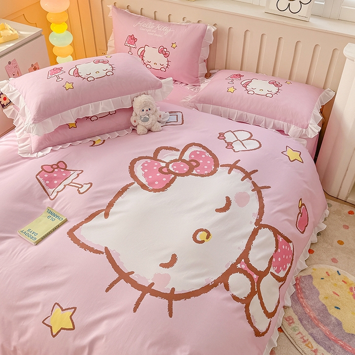 91家纺网 家纺一手货源 找家纺 2025新款大版三丽鸥系列 纯棉床单全棉床裙学生三四件套 花边款 花边款-晚安凯蒂