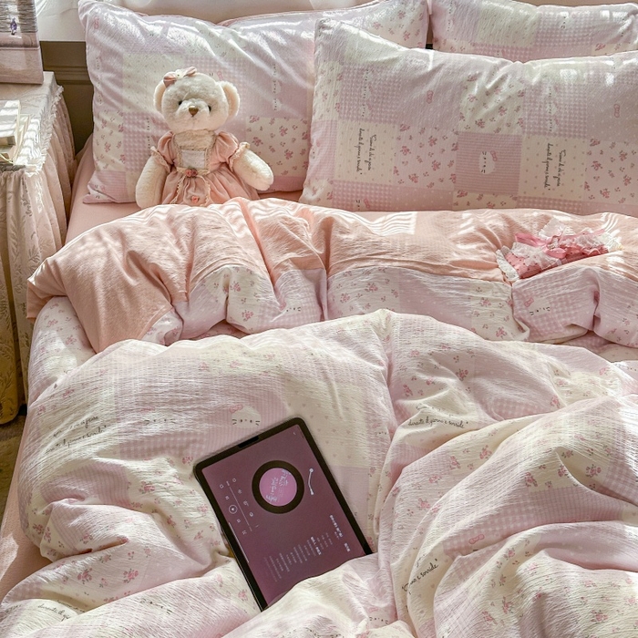 91家纺网 家纺一手货源 找家纺 丽美人家纺 2025新款【全尺寸不断货】高克重木棉提花双层纱四件套 QB萌萌哒