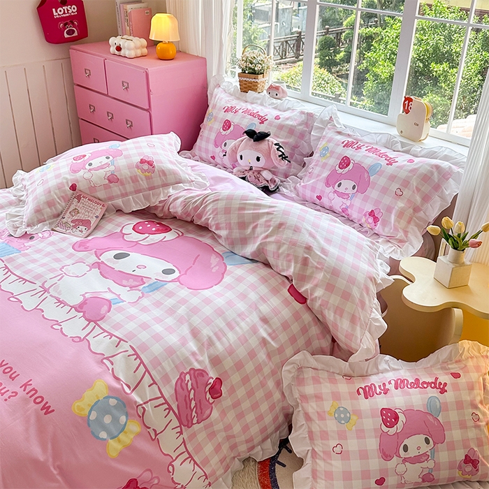 91家纺网 家纺一手货源 找家纺 2025新款大版三丽鸥系列 纯棉床单全棉床裙学生三四件套 花边款 星黛美乐蒂-白花边