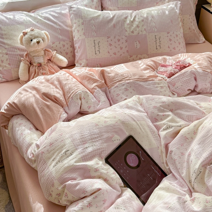 91家纺网 家纺一手货源 找家纺 丽美人家纺 2025新款【全尺寸不断货】高克重木棉提花双层纱四件套 QB萌萌哒