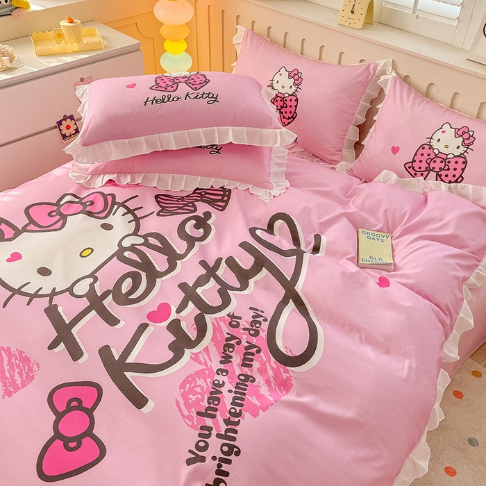 91家纺网 家纺一手货源 找家纺 2025新款大版三丽鸥系列 纯棉床单全棉床裙学生三四件套 花边款 花边款-凯蒂宝贝