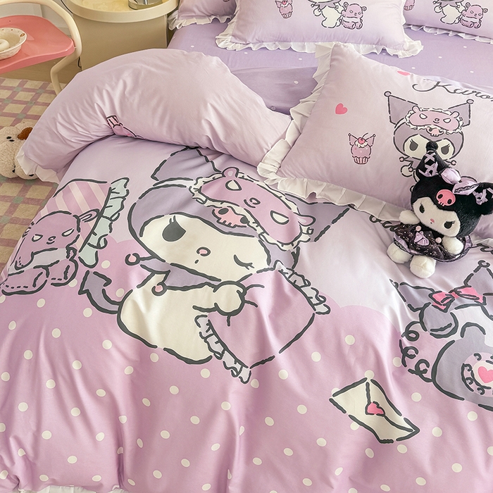 91家纺网 家纺一手货源 找家纺 2025新款大版三丽鸥系列 纯棉床单全棉床裙学生三四件套 花边款 大版花边-晚安库洛米