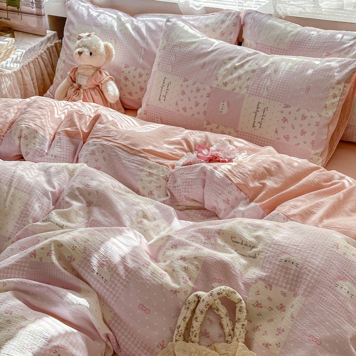 91家纺网 家纺一手货源 找家纺 丽美人家纺 2025新款【全尺寸不断货】高克重木棉提花双层纱四件套 QB萌萌哒