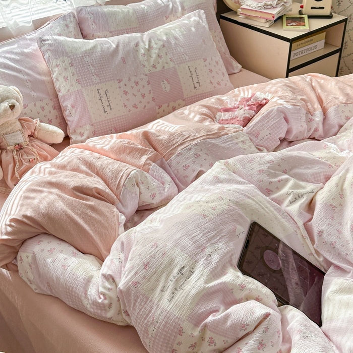 91家纺网 家纺一手货源 找家纺 丽美人家纺 2025新款【全尺寸不断货】高克重木棉提花双层纱四件套 QB萌萌哒