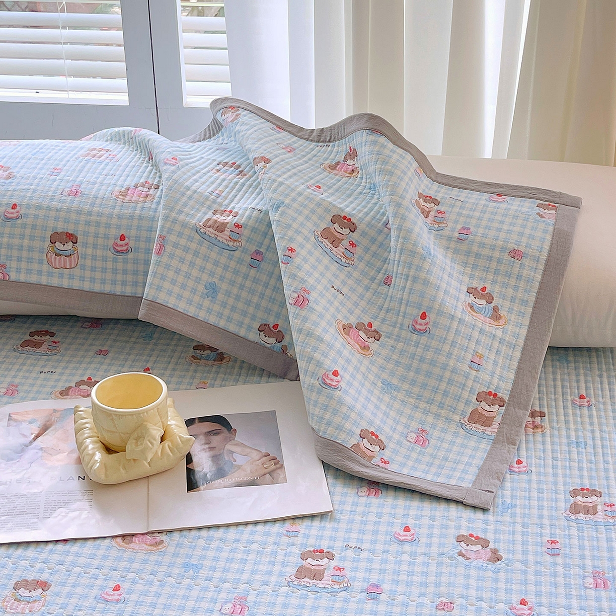 91家纺网 家纺一手货源 找家纺 雨彤家纺 2025新款A类双层纱夹棉双人枕巾 淘气狗