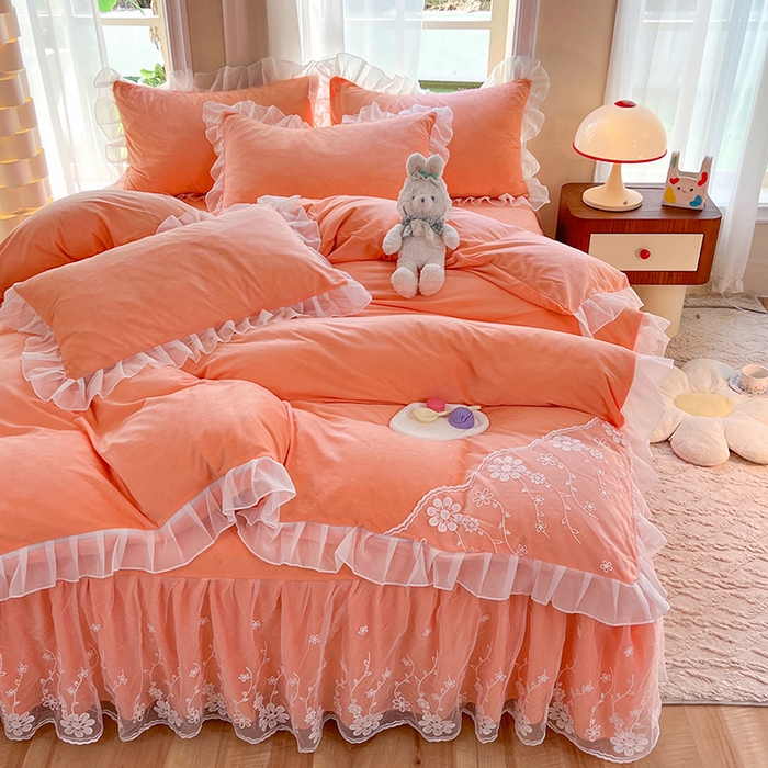 91家纺网 家纺一手货源 找家纺 （总）唐人居 2025新款宝宝绒蕾丝花边四件套--米朵系列