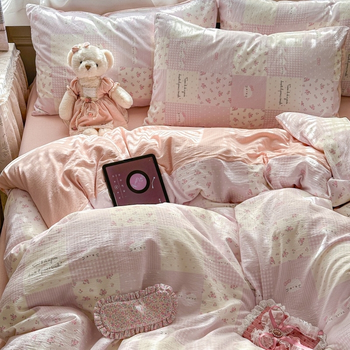 91家纺网 家纺一手货源 找家纺 丽美人家纺 2025新款【全尺寸不断货】高克重木棉提花双层纱四件套 QB萌萌哒