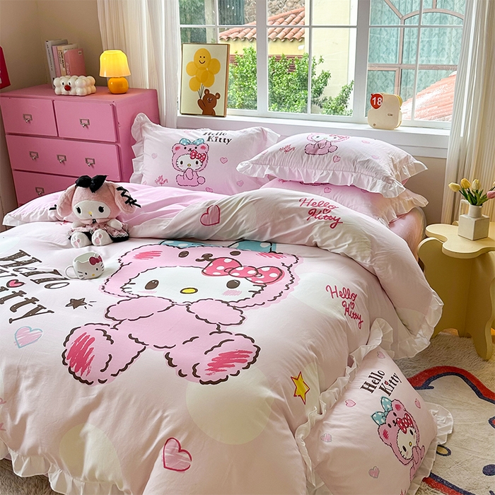 91家纺网 家纺一手货源 找家纺 2025新款大版三丽鸥系列 纯棉床单全棉床裙学生三四件套 花边款 宝宝凯蒂猫-白花边