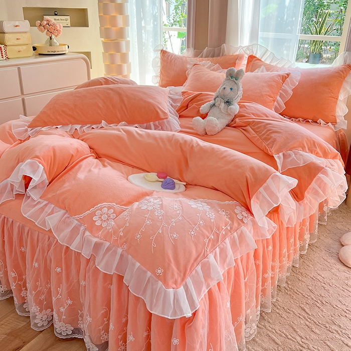 91家纺网 家纺一手货源 找家纺 （总）唐人居 2025新款宝宝绒蕾丝花边四件套--米朵系列