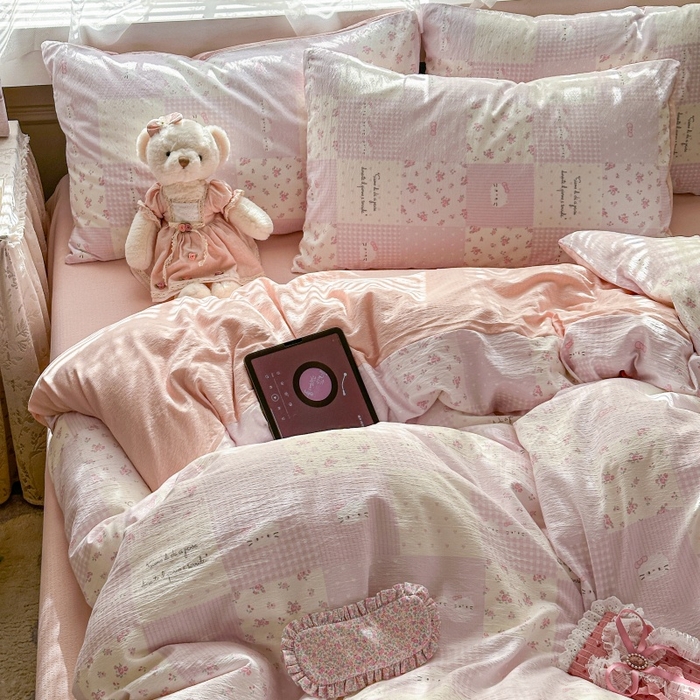 91家纺网 家纺一手货源 找家纺 丽美人家纺 2025新款【全尺寸不断货】高克重木棉提花双层纱四件套 QB萌萌哒