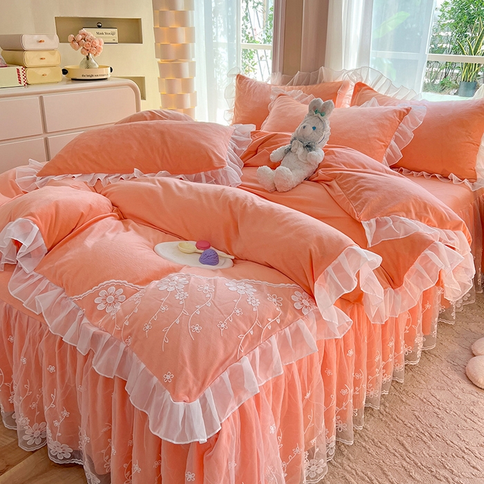 91家纺网 家纺一手货源 找家纺 （总）唐人居 2025新款宝宝绒蕾丝花边四件套--米朵系列