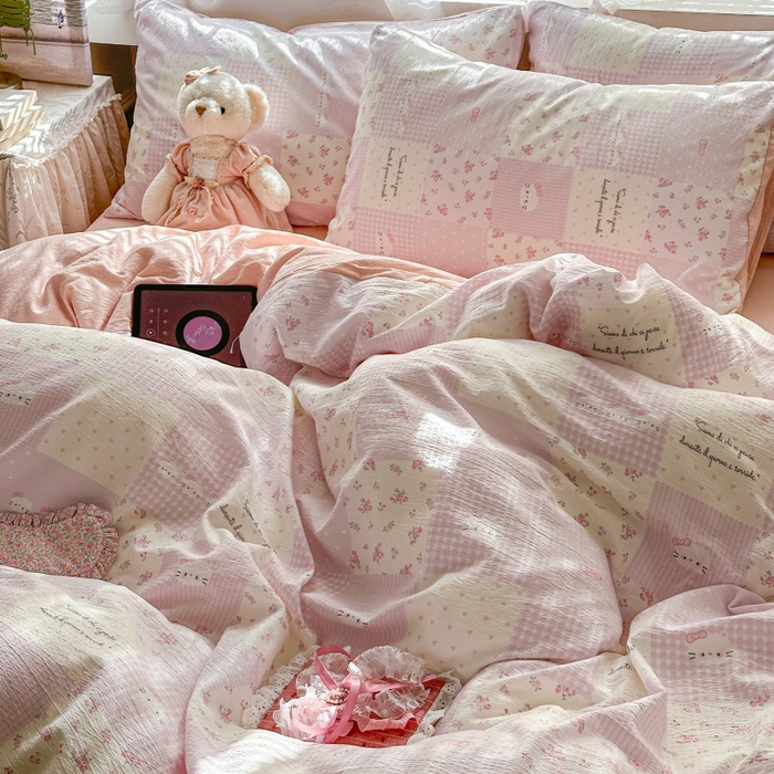 91家纺网 家纺一手货源 找家纺 丽美人家纺 2025新款【全尺寸不断货】高克重木棉提花双层纱四件套 QB萌萌哒