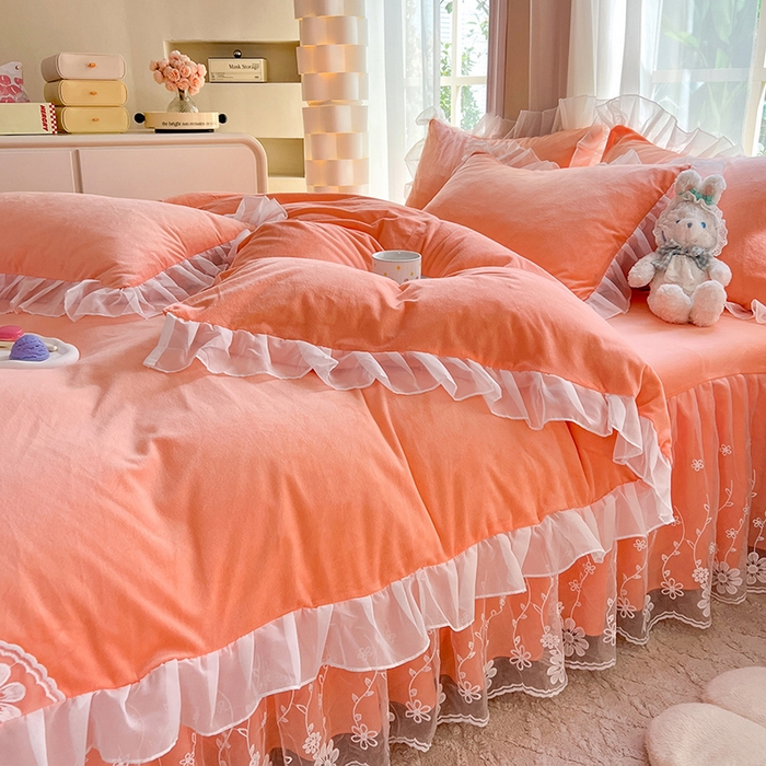 91家纺网 家纺一手货源 找家纺 （总）唐人居 2025新款宝宝绒蕾丝花边四件套--米朵系列