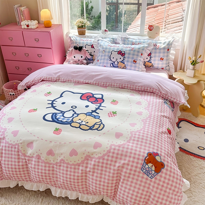 2025新款大版三丽鸥系列 纯棉床单全棉床裙学生三四件套 花边款 奶油凯蒂猫-白花边