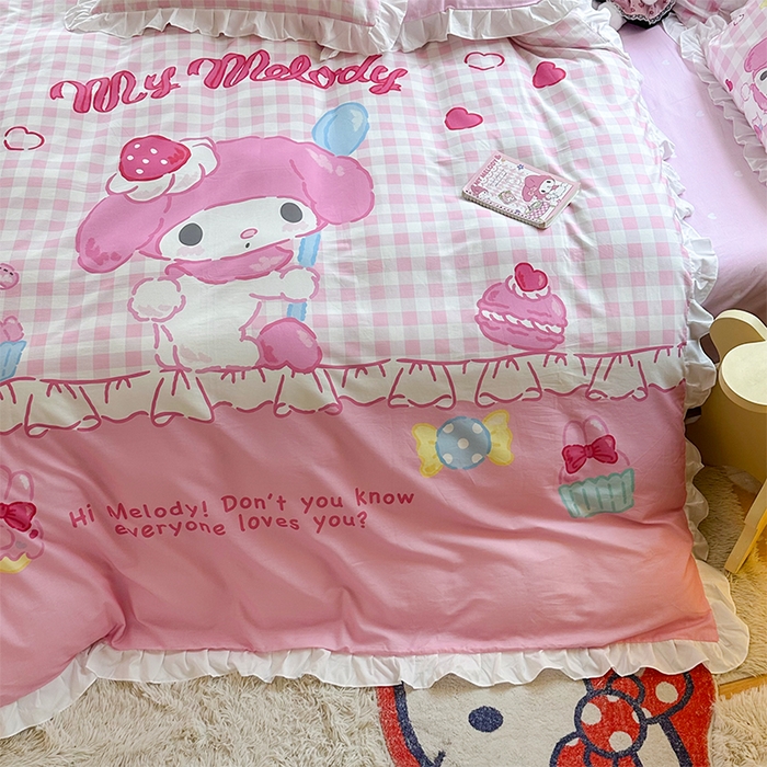 91家纺网 家纺一手货源 找家纺 2025新款大版三丽鸥系列 纯棉床单全棉床裙学生三四件套 花边款 星黛美乐蒂-白花边