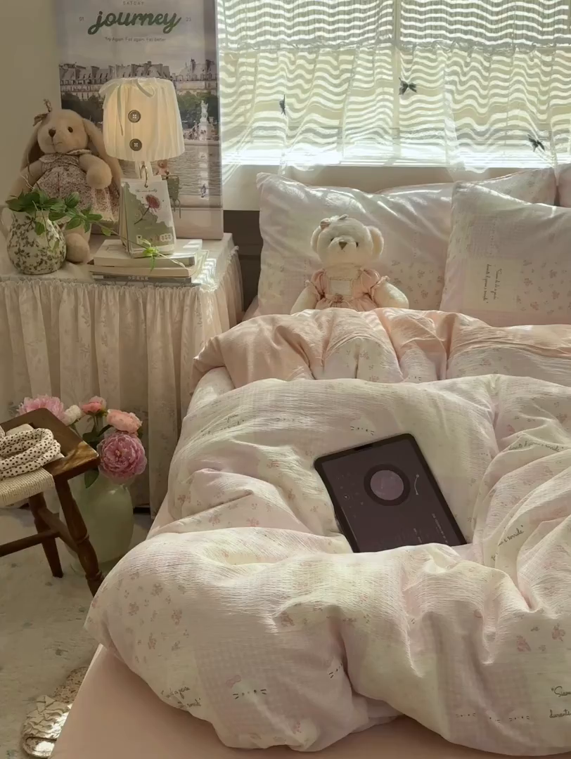 91家纺网 家纺一手货源 找家纺 丽美人家纺 2025新款【全尺寸不断货】高克重木棉提花双层纱四件套 QB萌萌哒