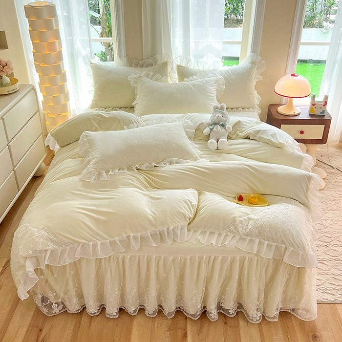 91家纺网 家纺一手货源 找家纺 （总）唐人居 2025新款宝宝绒蕾丝花边四件套--米朵系列