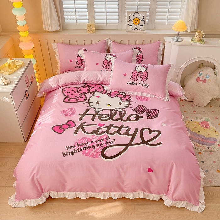 2025新款大版三丽鸥系列 纯棉床单全棉床裙学生三四件套 花边款 花边款-凯蒂宝贝