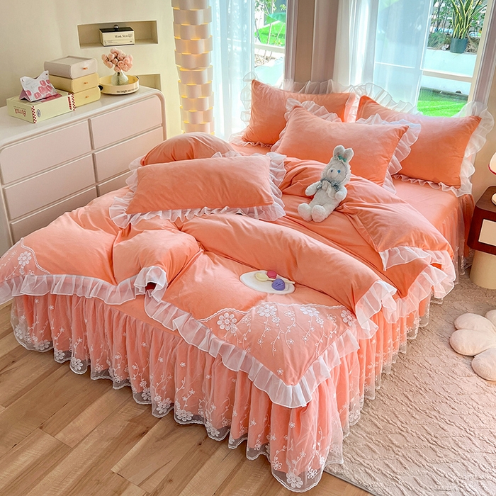 91家纺网 家纺一手货源 找家纺 唐人居 2025新款宝宝绒蕾丝花边四件套--米朵系列 米朵-橙